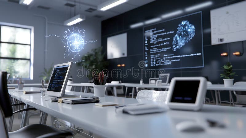 Innovative learning experience in a digital classroom tech hub visual education modern environment engaging perspective vector illustration