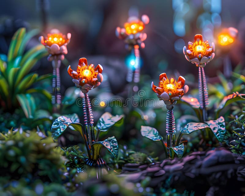Futuristic Garden with Glowing Robotic Plants royalty free illustration