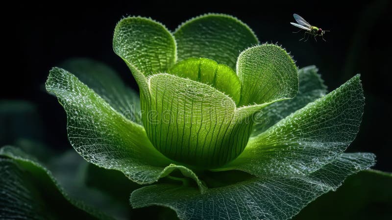 Discover the Unique Beauty of Green Carnivorous Flowers with Flies in Macro Photography stock illustration