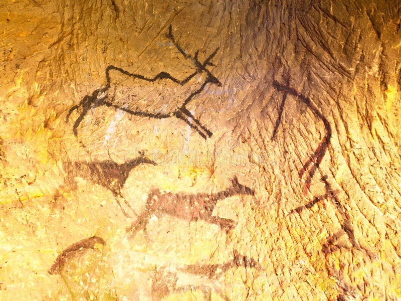 Discovery of prehistoric paint of caveman hunt in sandstone cave. Paint of human hunting