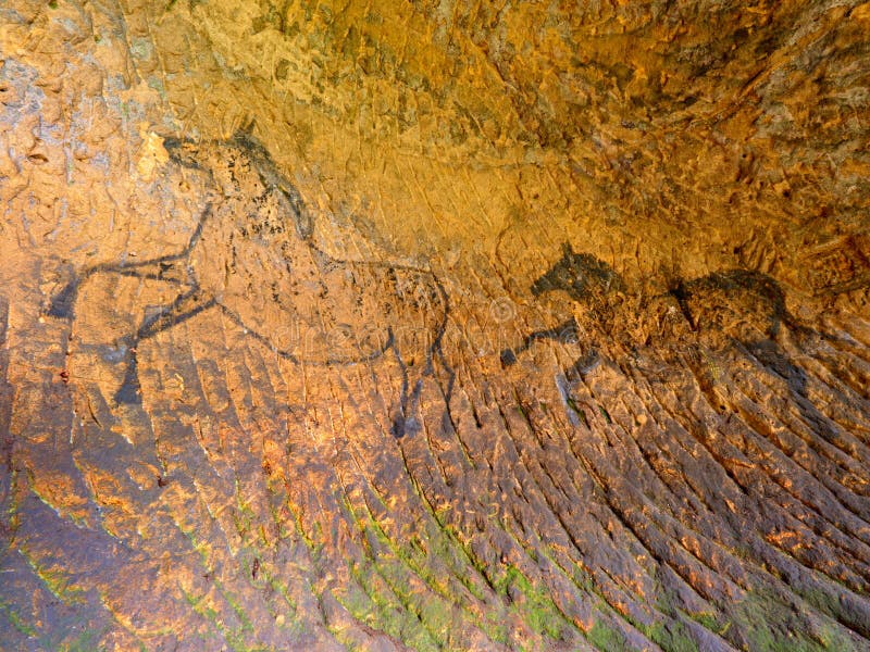 Discovery of prehistoric paint of horse in sandstone cave. Spotlight shines on historical human painting. Black carbon horses on sandstone wall. Paint of hunting, prehistoric picture