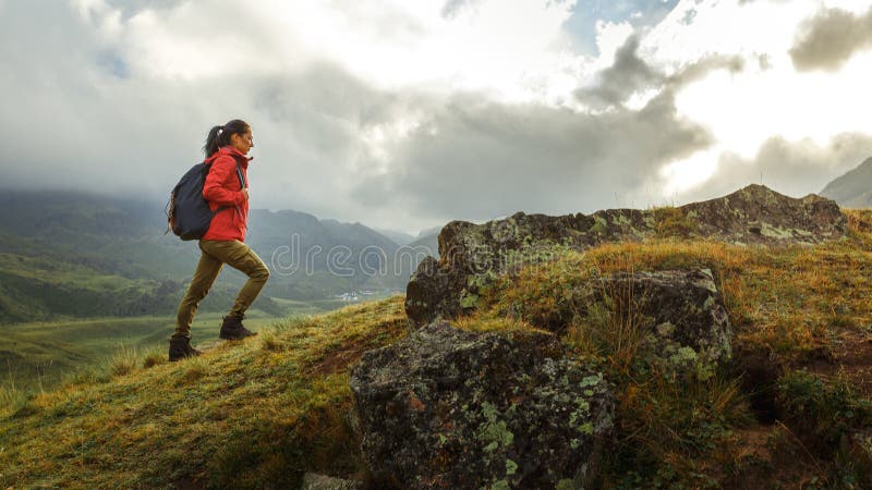 Discovery Travel Destination Holiday Concept. Young Hiker Woman royalty free stock image Discovery Travel Destination Holiday Concept. Young Hiker Woman royalty free stock image