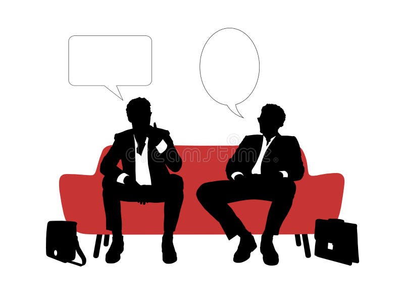 Discurso de dos hombres de negocios asentado en el sofá rojo stock de ilustración Discurso de dos hombres de negocios asentado en el sofá rojo stock de ilustración