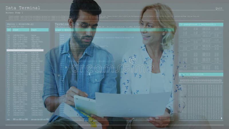 Discussing documents, two people with animation data terminal interface in school stock illustration