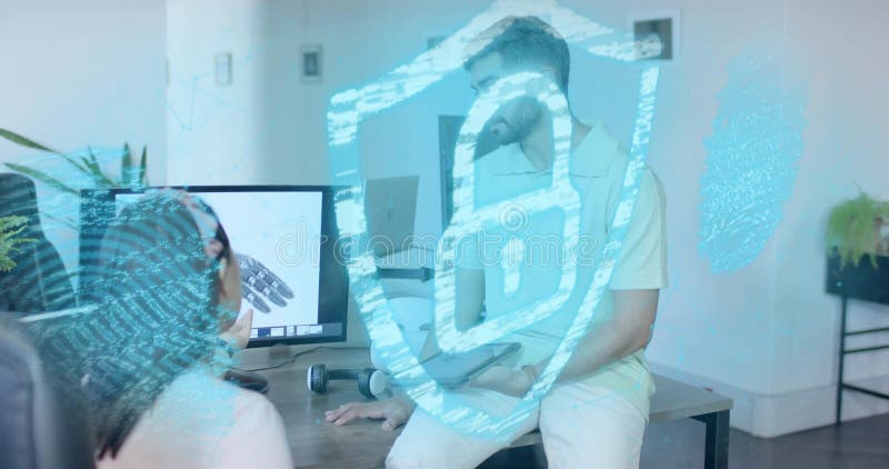 Discussing pair in business casual exploring cybersecurity code in office, with laptop padlock icon vector illustration