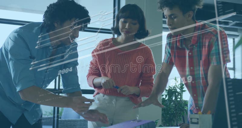 Discussing project, three colleagues with data processing animation overlay in office stock video