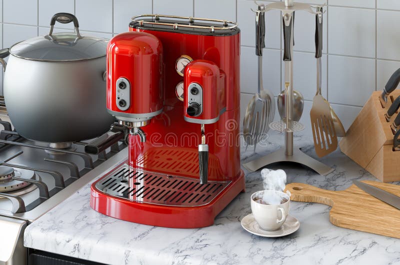 Diseño Retro De La Máquina De La Cafetera O Del Café En La Representación  De La Mesa De La Cocina En 3d Stock de ilustración - Ilustración de  escritorio, equipo: 201998109