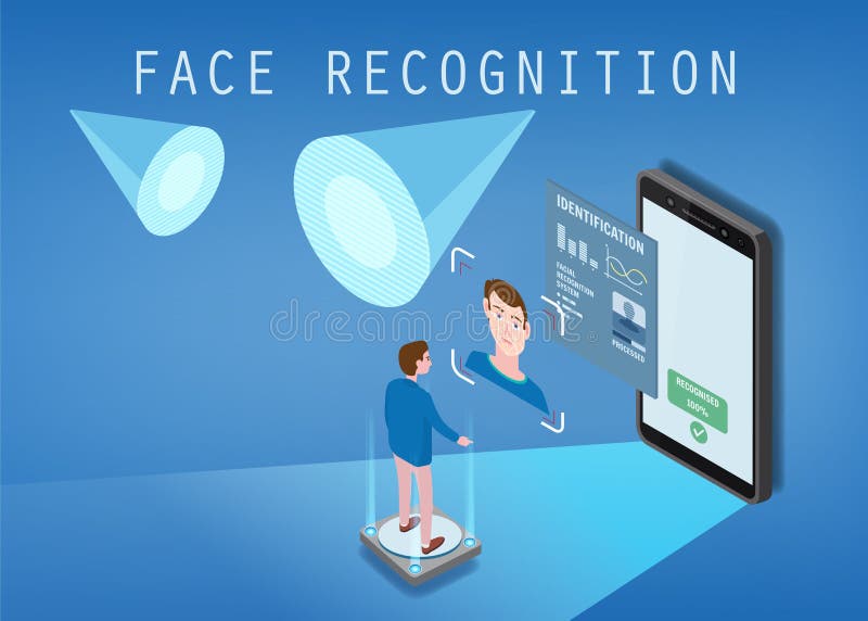 Dise?o isom?trico El smartphone explora la cara de una persona Identificaci?n biom?trica, masculina El smartphone explora ilustración del vector Dise?o isom?trico El smartphone explora la cara de una persona Identificaci?n biom?trica, masculina El smartphone explora ilustración del vector