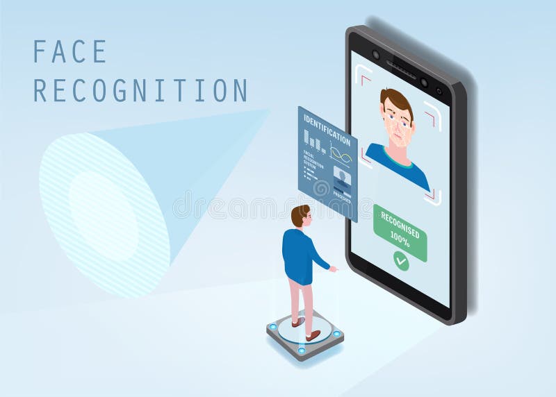 Dise?o isom?trico El smartphone explora la cara de una persona Identificaci?n biom?trica, masculina El smartphone explora ilustración del vector Dise?o isom?trico El smartphone explora la cara de una persona Identificaci?n biom?trica, masculina El smartphone explora ilustración del vector