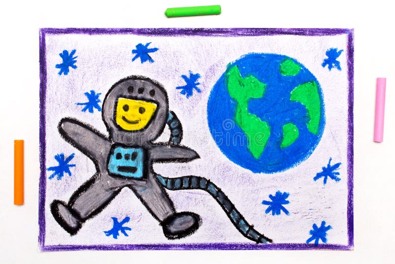 Disegno: Astronauta felice nel volo della tuta spaziale accanto al pianeta Terra illustrazione di stock Disegno: Astronauta felice nel volo della tuta spaziale accanto al pianeta Terra illustrazione di stock