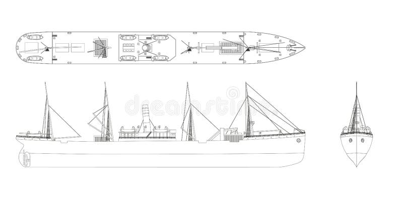 Disegno a bobina. piano industriale di vapore di contorno. vista di vecchia nave : lato superiore e parte anteriore. barca a vapor royalty illustrazione gratis