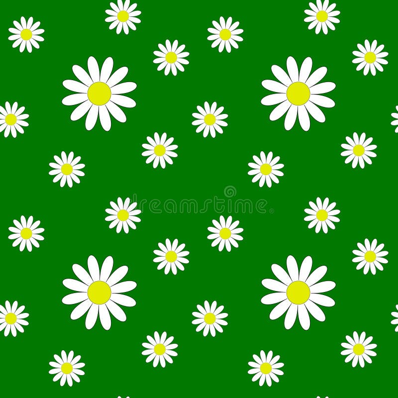 Disegno con margherite su sfondo verde Fiori di dimensioni diverse Stampa di tessuti per bambini Fiori estivi illustrazione di stock Disegno con margherite su sfondo verde Fiori di dimensioni diverse Stampa di tessuti per bambini Fiori estivi illustrazione di stock