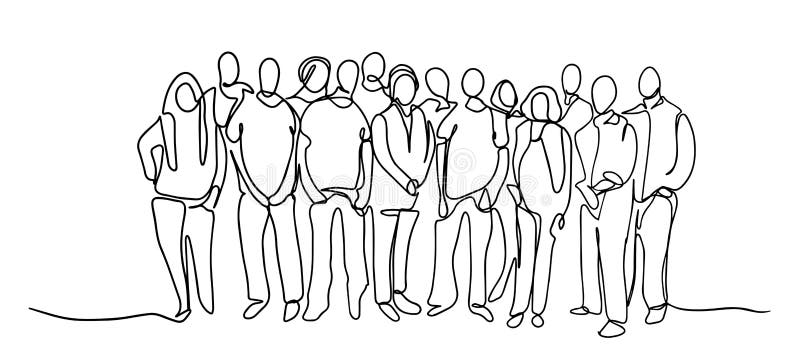 Disegno continuo di una varietà di persone in piedi. gruppo di persone disegno di una linea continua. amici di famiglia