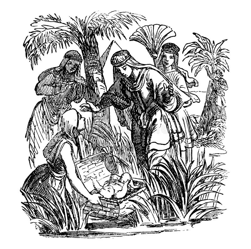 Disegno d'annata della storia biblica circa Mosè il bambino è stato trovato ed adottato stato da principessa egiziana illustrazione di stock Disegno d'annata della storia biblica circa Mosè il bambino è stato trovato ed adottato stato da principessa egiziana illustrazione di stock