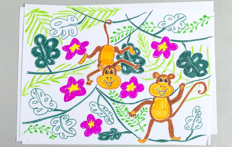 Disegno del bambino delle scimmie sveglie sulle piante isolate su fondo bianco fotografia stock libera da diritti Disegno del bambino delle scimmie sveglie sulle piante isolate su fondo bianco fotografia stock libera da diritti