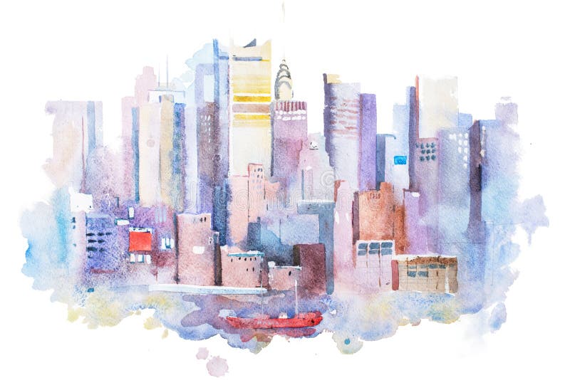 Disegno dell'acquerello del paesaggio urbano di New York, U.S.A. Pittura dell'acquerello di Manhattan royalty illustrazione gratis Disegno dell'acquerello del paesaggio urbano di New York, U.S.A. Pittura dell'acquerello di Manhattan royalty illustrazione gratis