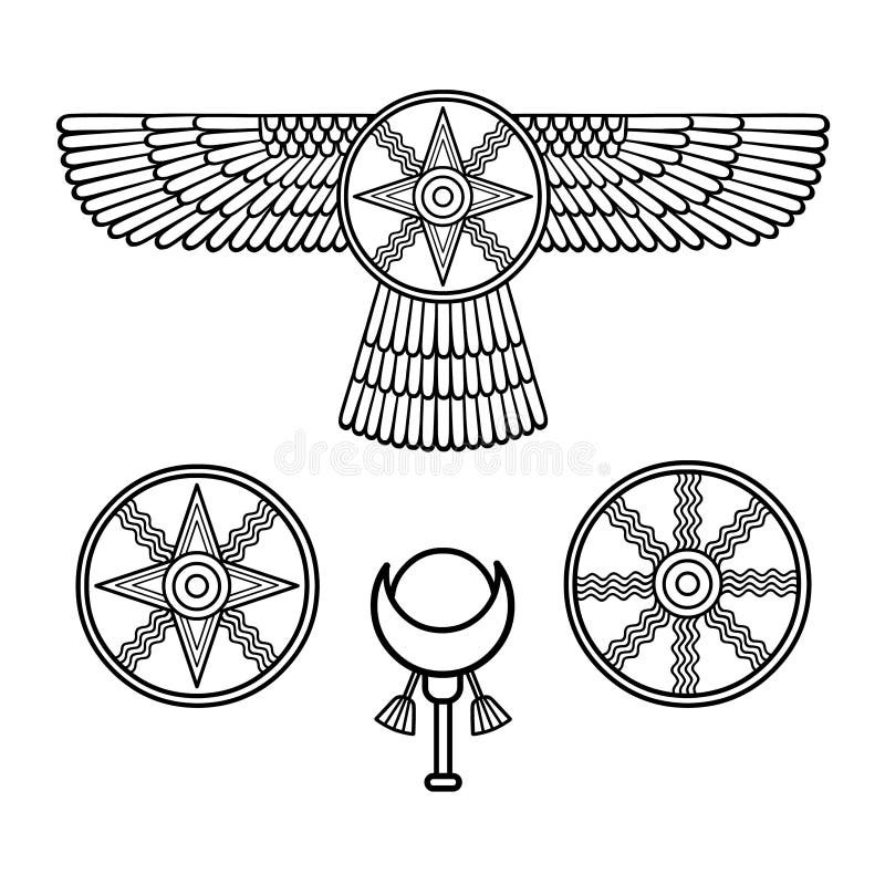 Cartoon drawing: ancient Sumerian symbols. Winged star. Marduk, Shamash, Ishtar. Vector illustration isolated on a white background. Cartoon drawing: ancient Sumerian symbols. Winged star. Marduk, Shamash, Ishtar. Vector illustration isolated on a white background.