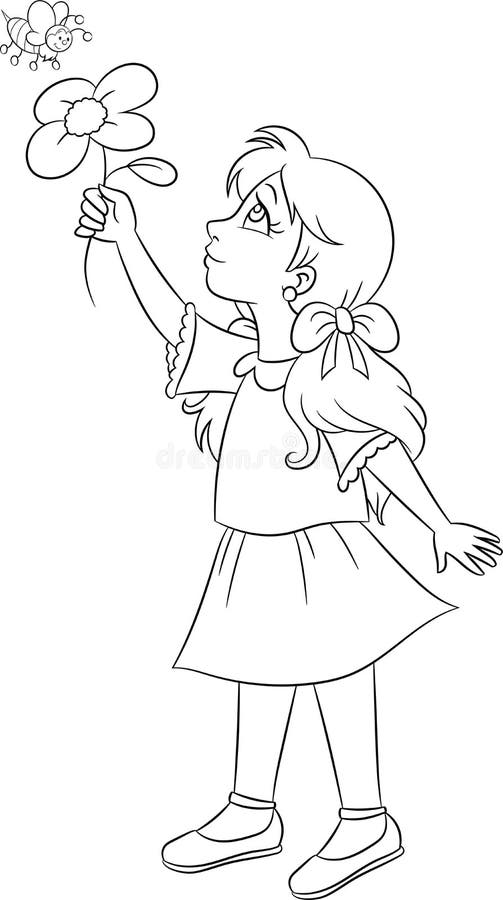 Disegno di contorno e in bianco e nero di kawaii di una ragazza che mostra un fiore ad un'ape per il libro da colorare dei bambin illustrazione di stock