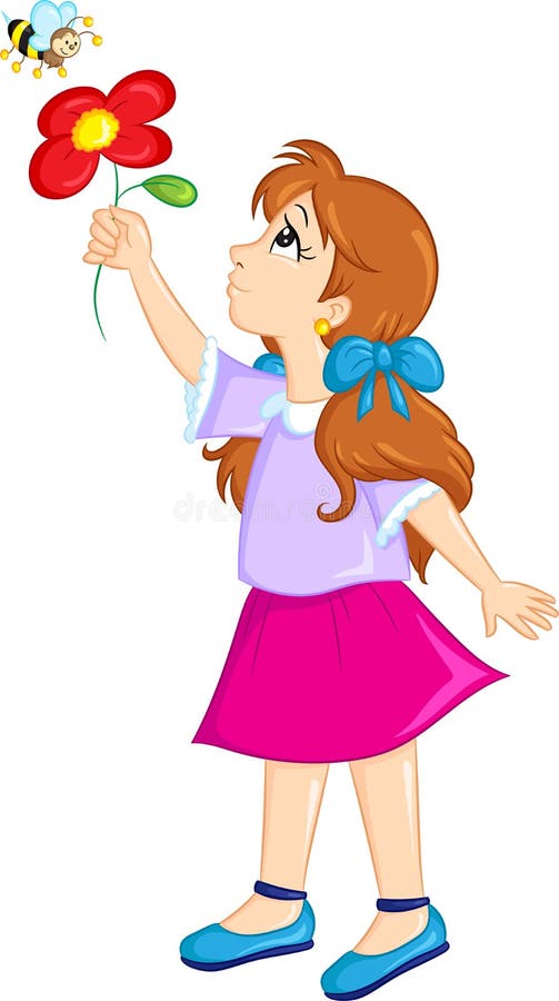 Disegno di kawaii di colore di una ragazza che mostra un fiore ad un'ape per il libro per bambini illustrazione di stock