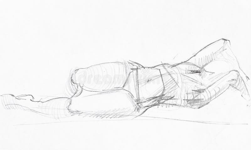 Disegno di modello femmina sdraiato sulla mano laterale fotografie stock libere da diritti