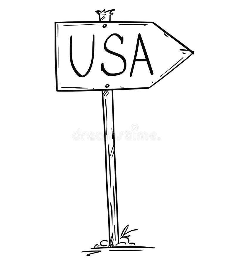 Disegno di piccolo segno di legno rustico della freccia della strada con U. S. A. che significa il testo degli Stati Uniti d'Americ illustrazione vettoriale