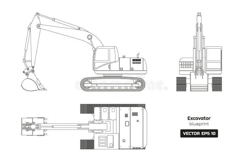 Disegno di profilo dell'escavatore Vista frontale laterale e della cima, Modello diesel Macchina idraulica Documento industriale illustrazione vettoriale