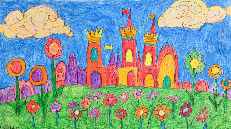 Disegno di re e Regina in castello di colore con fiori e nuvole Concetto di immaginazione Creatività e fotografia stock libera da diritti