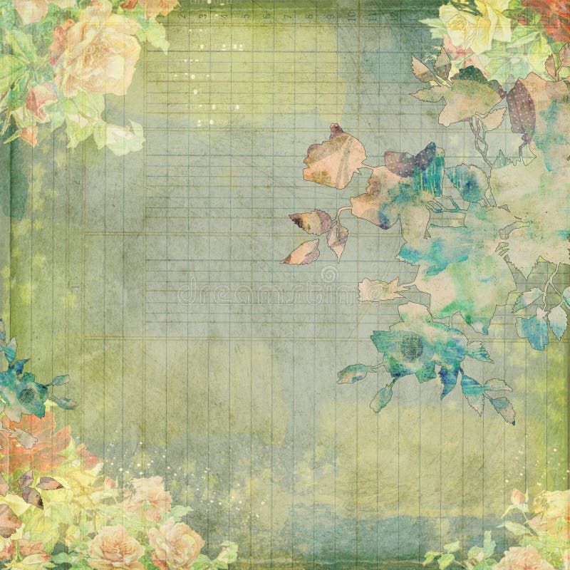 Grungy vintage shabby floral design with watercolor flowers and ledger paper. Grungy vintage shabby floral design with watercolor flowers and ledger paper