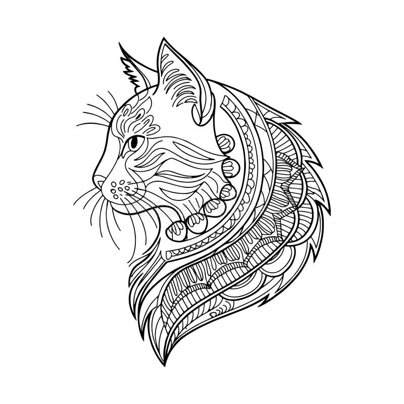 Disegno grafico a linee in bianco e nero intricato del profilo mandala cat illustrazione di stock