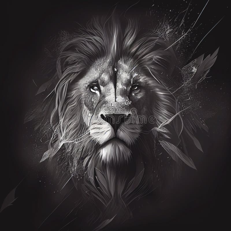 Disegno in inchiostro a matita nera di un leone maestoso con grande ritratto di mane royalty illustrazione gratis