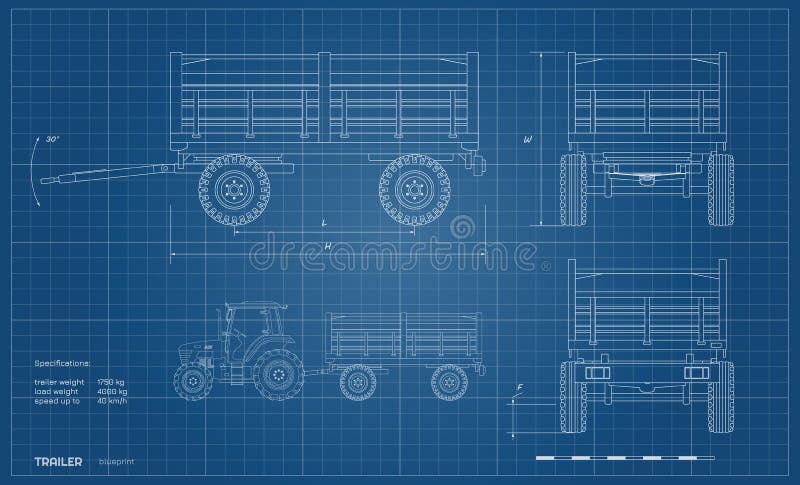 Disegno isolato di un rimorchio trattore Vista laterale, anteriore, posteriore delle macchine agricole Progetto industriale illustrazione di stock