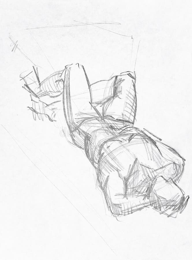Disegno a mano di un modello maschio appoggiato sulla schiena immagine stock