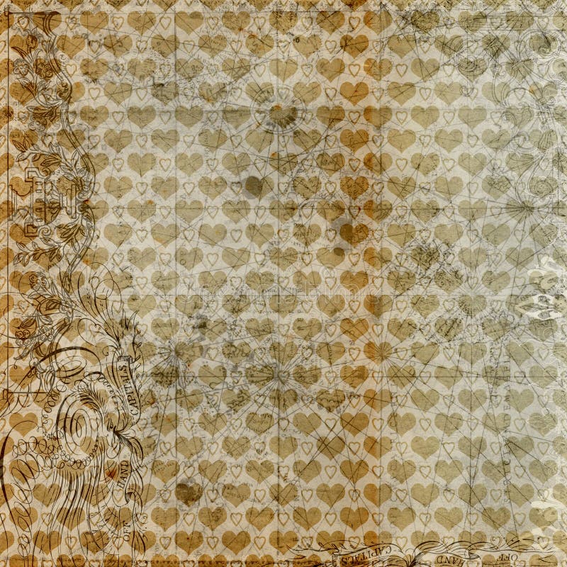 Antique grungy hearts sepia background design with victorian flourishes. Antique grungy hearts sepia background design with victorian flourishes