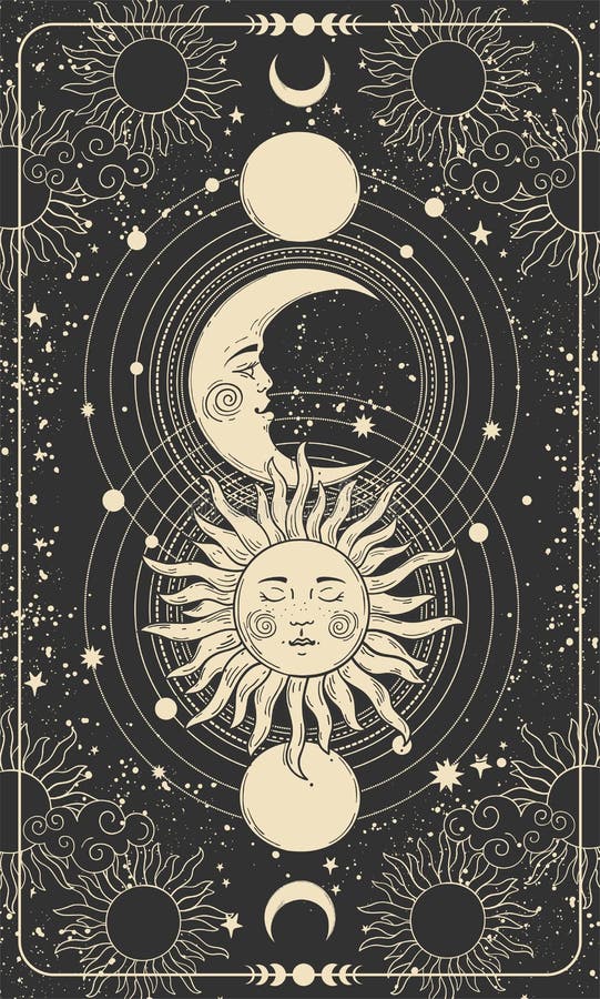 Disegno mistico del sole con faccia di luna e luna crescente di sfondo per l'illustrazione boho con cartellino di tarot. sole dora