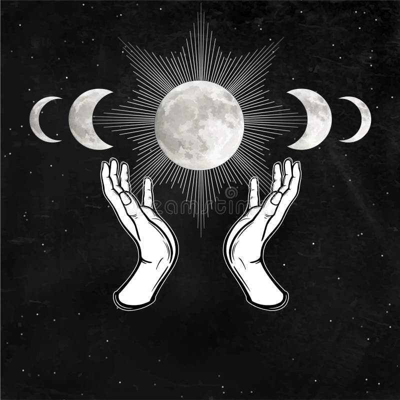 Mystical drawing: woman `s hands hold the moon. Alchemy, magic, esoteric, occultism. Background - night star sky. Monochrome vector illustration. Mystical drawing: woman `s hands hold the moon. Alchemy, magic, esoteric, occultism. Background - night star sky. Monochrome vector illustration.