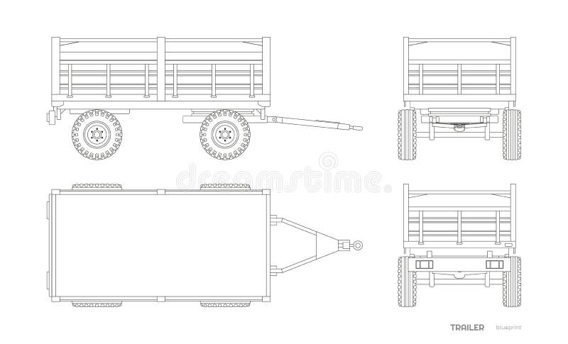 Disegno a struttura isolata del rimorchio trattore Vista laterale, anteriore e posteriore delle macchine agricole Progetto indust illustrazione vettoriale