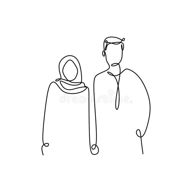 Disegno a tratteggio continuo delle coppie musulmane di uno stile romantico di minimalismo di progettazione della ragazza e dell' illustrazione di stock Disegno a tratteggio continuo delle coppie musulmane di uno stile romantico di minimalismo di progettazione della ragazza e dell' illustrazione di stock