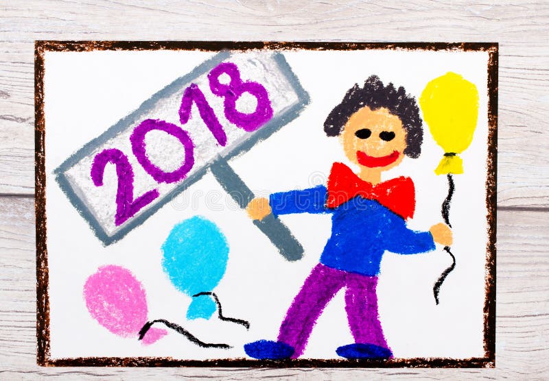 Photo of colorful drawing: happy man with balloons celebrating the New Year 2018. Photo of colorful drawing: happy man with balloons celebrating the New Year 2018