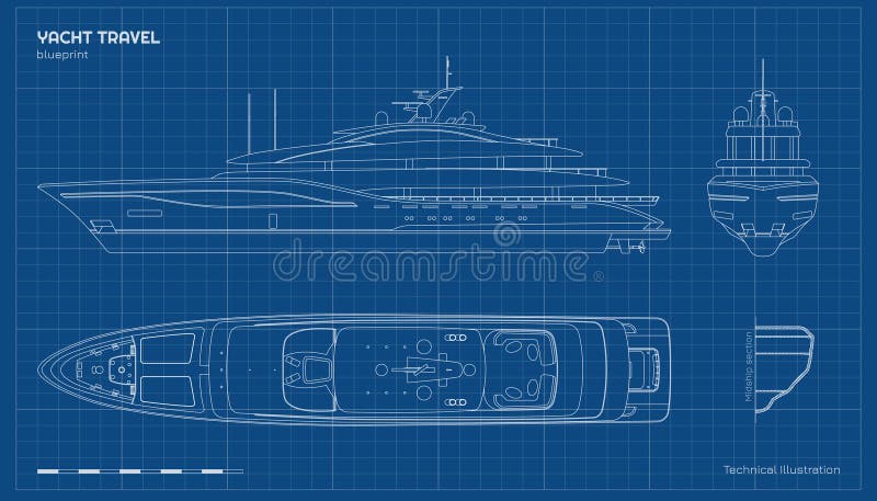 Disegno yacht struttura. Vista laterale anteriore e superiore della nave privata. Progetto di imbarcazione di lusso. Arte industri royalty illustrazione gratis