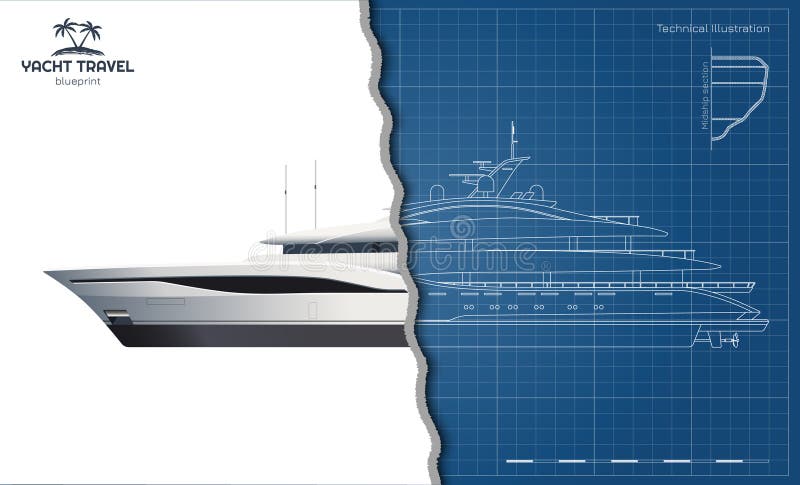 Disegno yacht struttura. Vista laterale della nave privata. Progetto 3d per imbarcazioni di lusso. Arte industriale di navi da cro illustrazione vettoriale