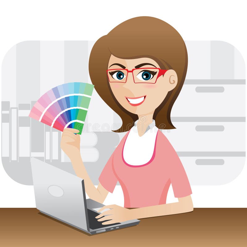 Diseñador gráfico de la muchacha de la historieta que muestra la carta de color ilustración del vector Diseñador gráfico de la muchacha de la historieta que muestra la carta de color ilustración del vector