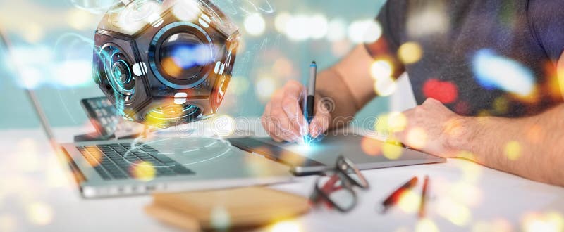Diseñador gráfico que usa el rende futurista de la cámara de seguridad 3D del abejón stock de ilustración Diseñador gráfico que usa el rende futurista de la cámara de seguridad 3D del abejón stock de ilustración