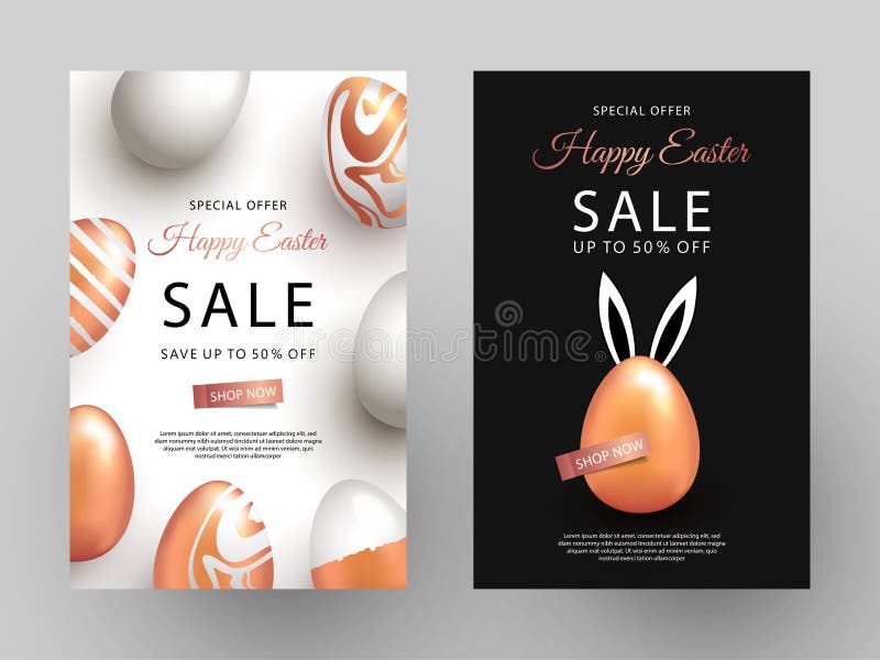 Diseño blanco, negro y del oro de la venta de Pascua de los carteles o de los aviadores fijado con los huevos y los oídos de cone ilustración del vector Diseño blanco, negro y del oro de la venta de Pascua de los carteles o de los aviadores fijado con los huevos y los oídos de cone ilustración del vector