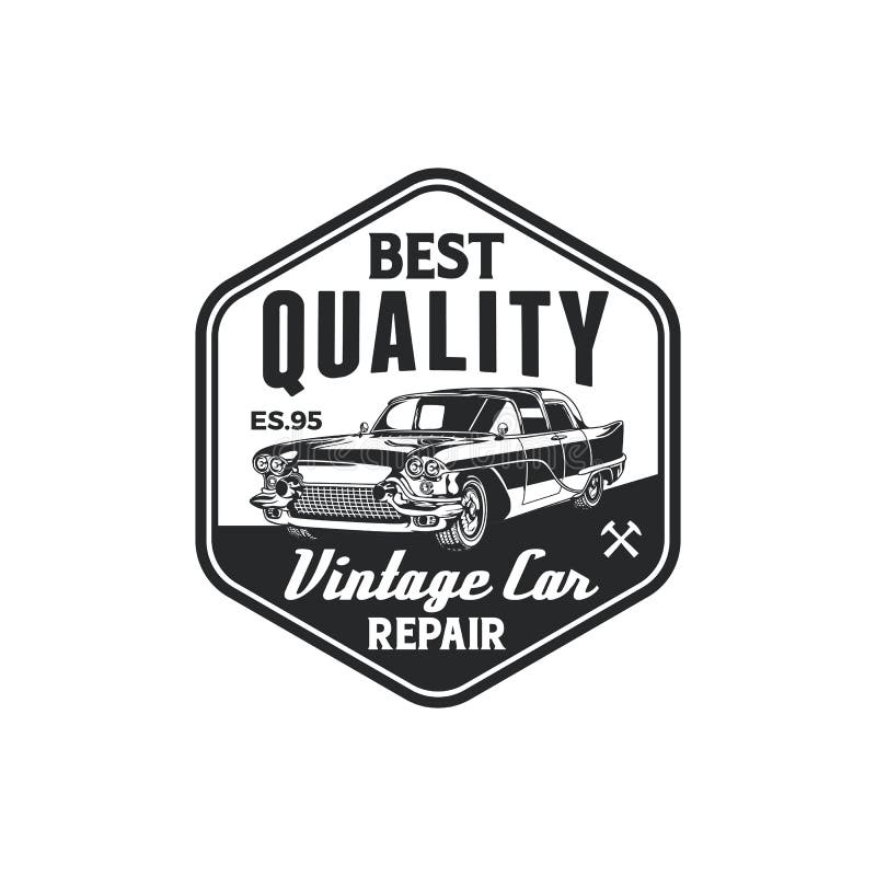 Diseño clásico de la insignia del logotipo del garaje de la reparación del coche del vintage Vieja plantilla retra del vector de stock de ilustración Diseño clásico de la insignia del logotipo del garaje de la reparación del coche del vintage Vieja plantilla retra del vector de stock de ilustración