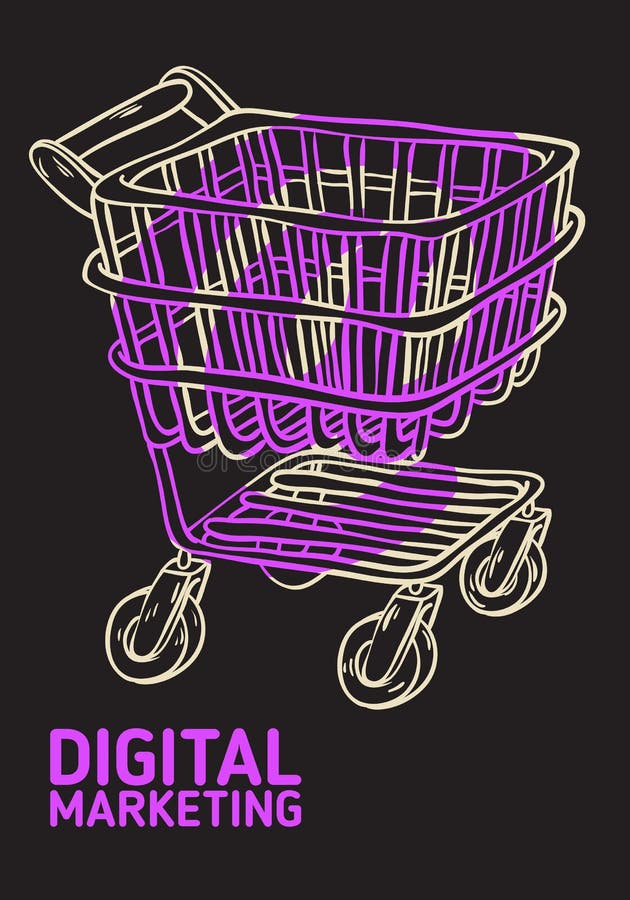Diseño conceptual del cartel del márketing de Digitaces con la exposición doble del carro de la compra y y del símbolo stock de ilustración Diseño conceptual del cartel del márketing de Digitaces con la exposición doble del carro de la compra y y del símbolo stock de ilustración