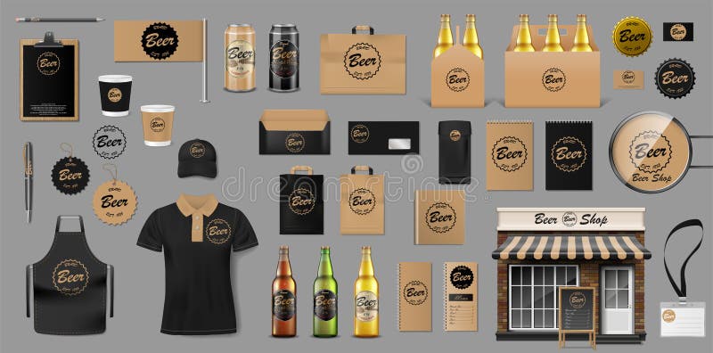 Diseño corporativo de la plantilla de la identidad de marcado en caliente para la tienda de la cerveza Elementos de la cervecería