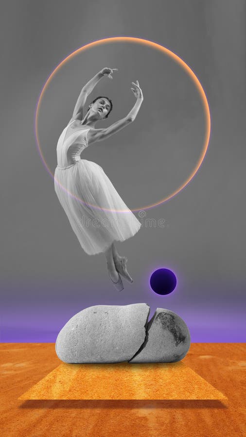 Diseño creativo. collage de arte contemporáneo. hermosa bailarina tierna con vestido blanco claro bailando sobre neón futurista imagenes de archivo