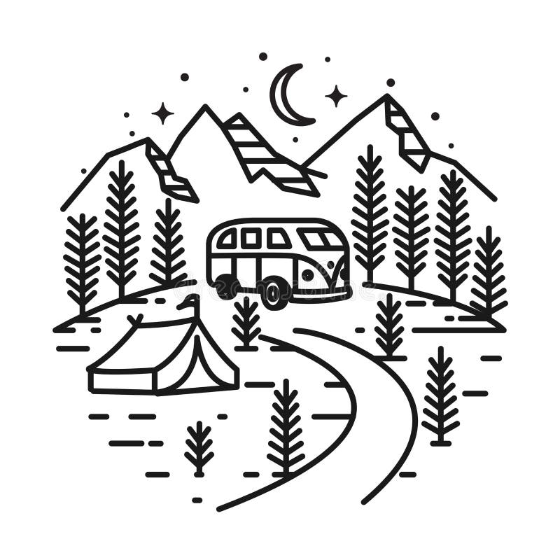 Diseño de arte de la línea rocosa de montaña del remolque del árbol de pino del campamento de verano