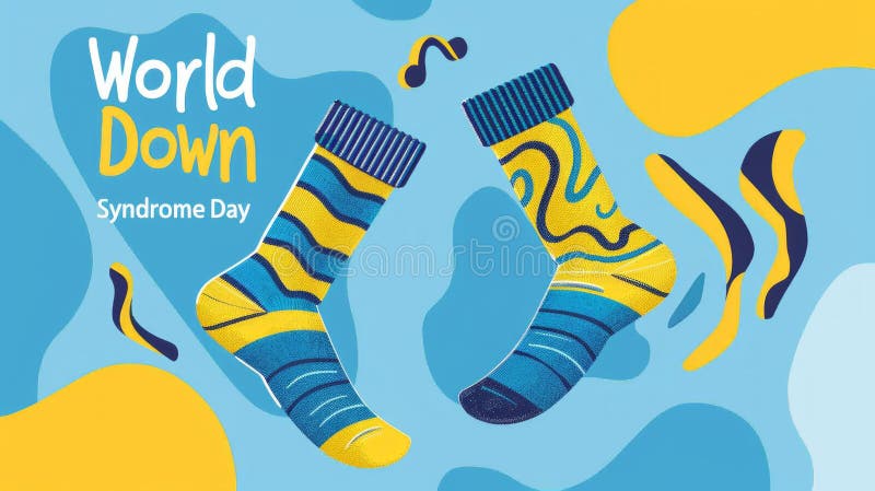 Celebrating World Down Syndrome Day with a lively illustration of mismatched socks on a playful blue and yellow background. AI generated. Celebrating World Down Syndrome Day with a lively illustration of mismatched socks on a playful blue and yellow background. AI generated