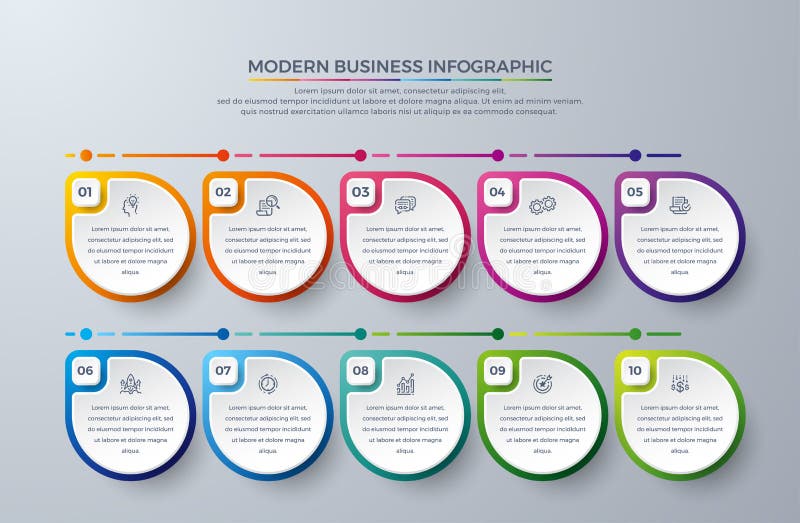Diseño de Infographic con 10 opciones o pasos de proceso Elementos para su negocio tal como informes, prospectos, folletos del di